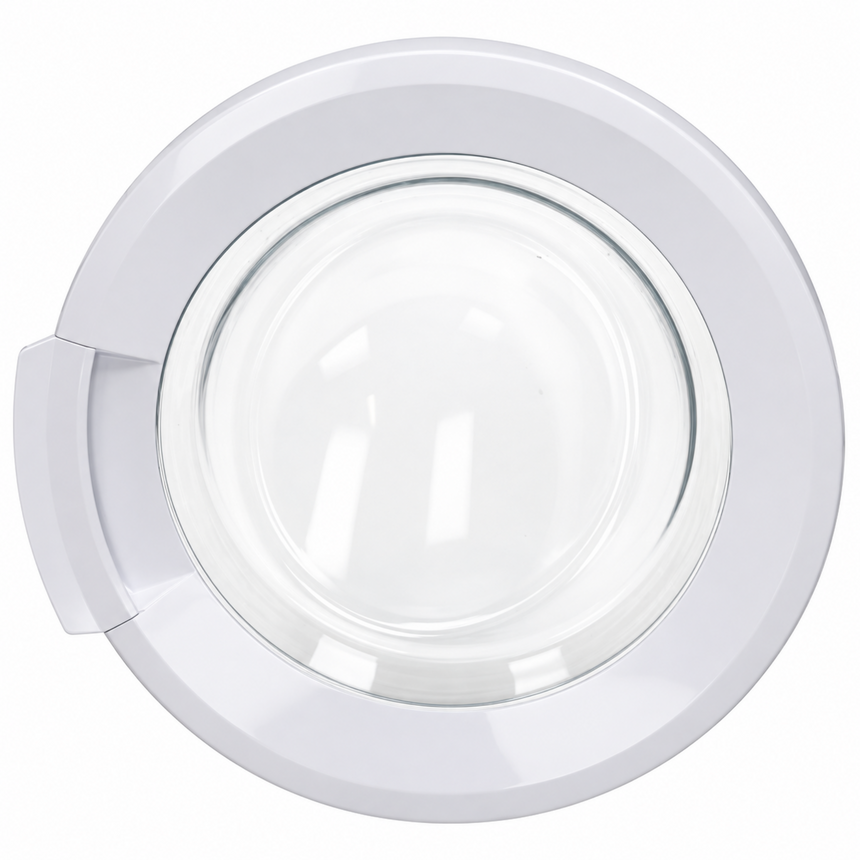 A top-down view of a white circular appliance component with a clear glass or plastic center insert, isolated on a white background.