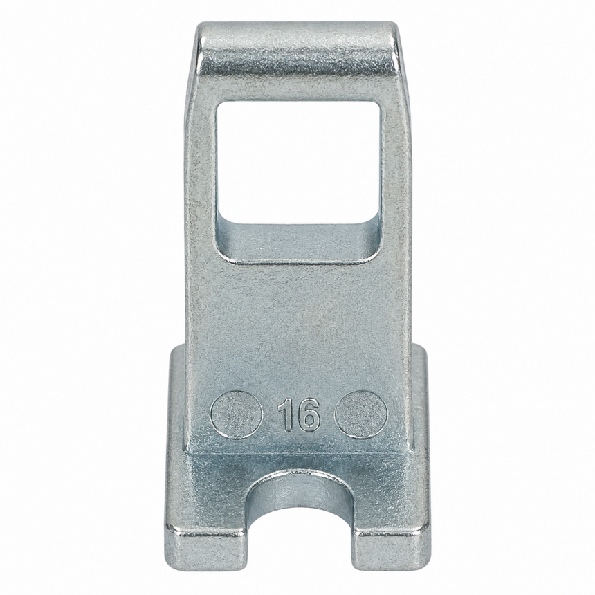 A galvanized steel electrical terminal block connector with a square top and a bottom slot, featuring stamped markings '16' and two circular contact points, on a solid white background.