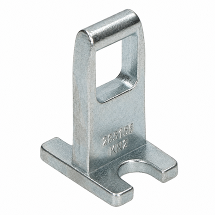 A galvanized steel metal connector with a square loop at the top and a curved bottom tab, featuring stamped markings '285156 KN2' on a plain white background.