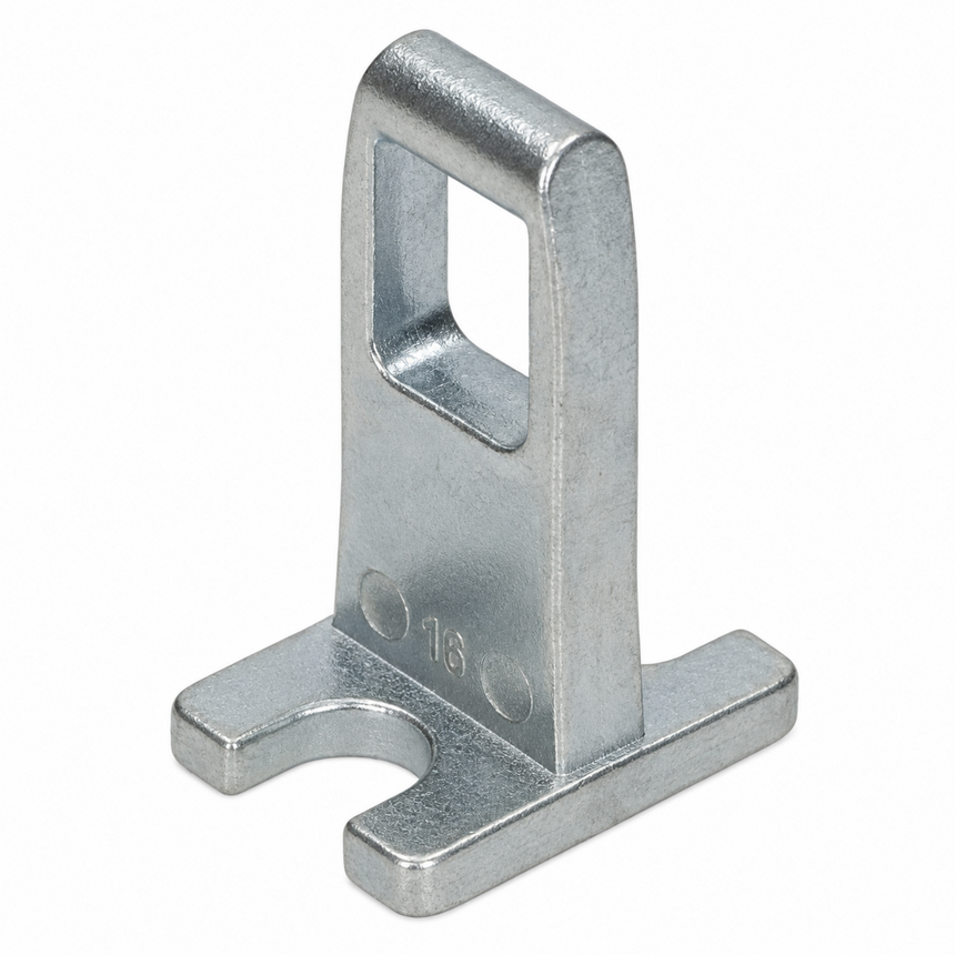 A galvanized steel mounting bracket with a rectangular cutout in the upright section and a curved bottom tab, shown on a plain white background.