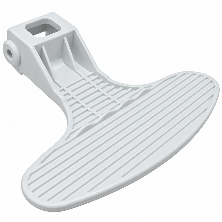 A white plastic footrest or pedal pad with a ribbed textured surface and a mounting bracket, shown on a plain white background.