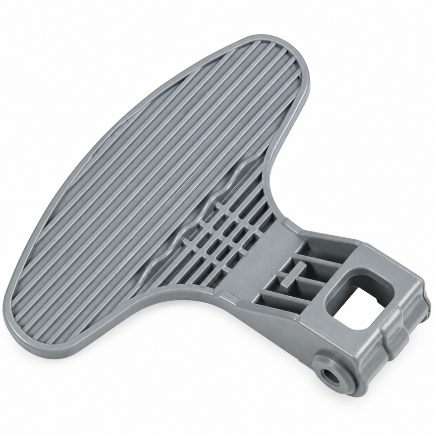 A gray plastic footrest or pedal component with a ribbed textured surface and a mounting bracket, shown on a plain white background.
