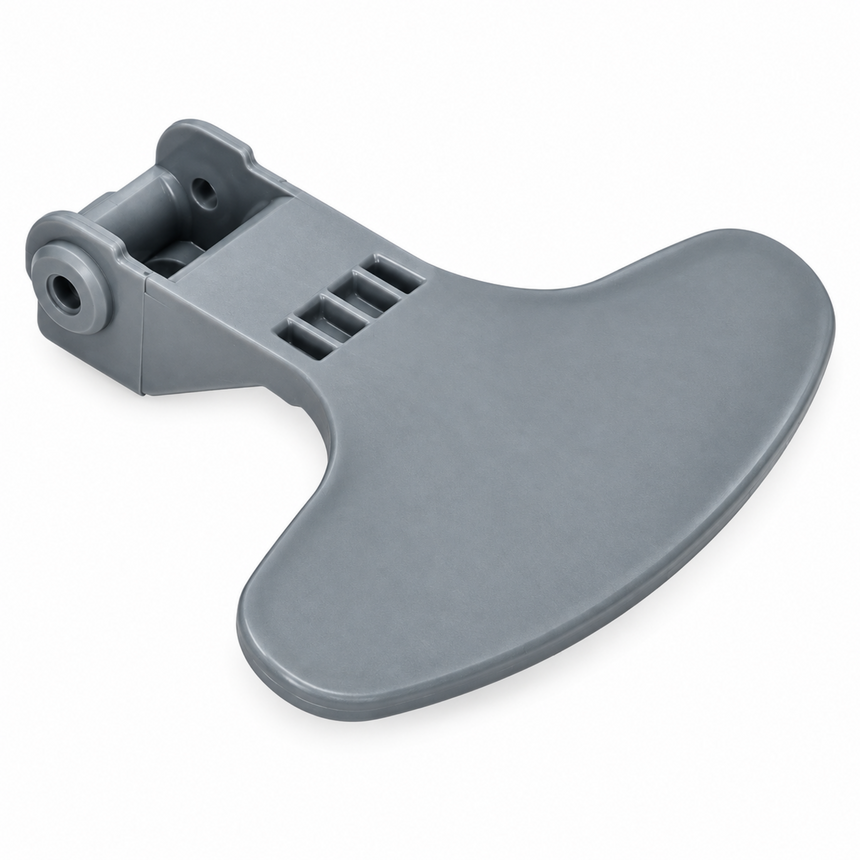 A gray plastic replacement part, likely a footrest or support arm, shown on a clean white background.