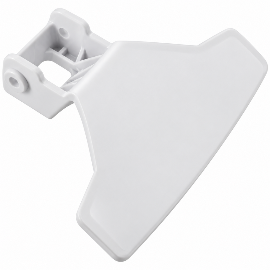 A white plastic replacement part with a flat, broad main panel and a mounting bracket on one side, shown on a plain white background.