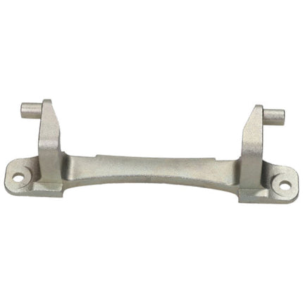A silver cast metal door pull handle bracket with two mounting holes on each end, shown against a plain white background.