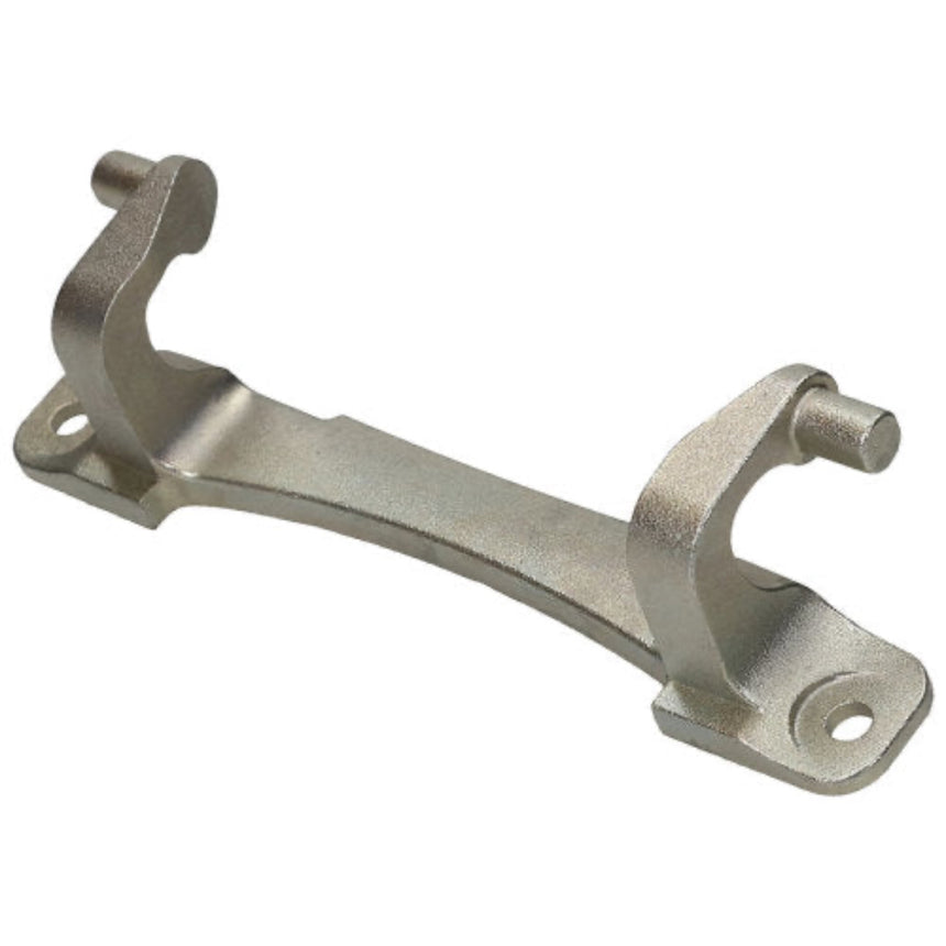 A metallic silver cast metal mounting bracket with two bolted flanges and cylindrical posts, shown on a plain white background.