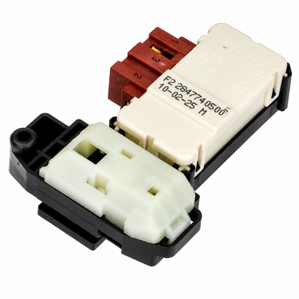 Electrical connector with red and white components on a white background
