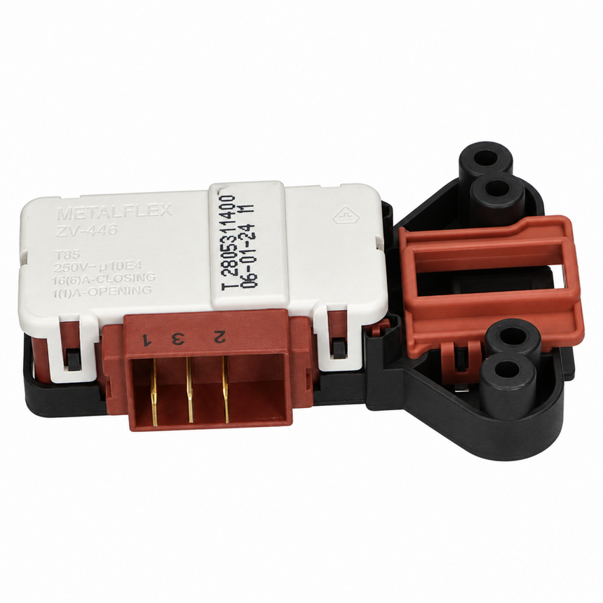 A Metalflex ZV-446 automotive switch module with a white main body, brown connector housings, and black plastic mounting arms, shown on a plain white background.