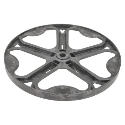 A dark gray molded plastic pulley wheel with a five-spoke design, isolated on a white background.