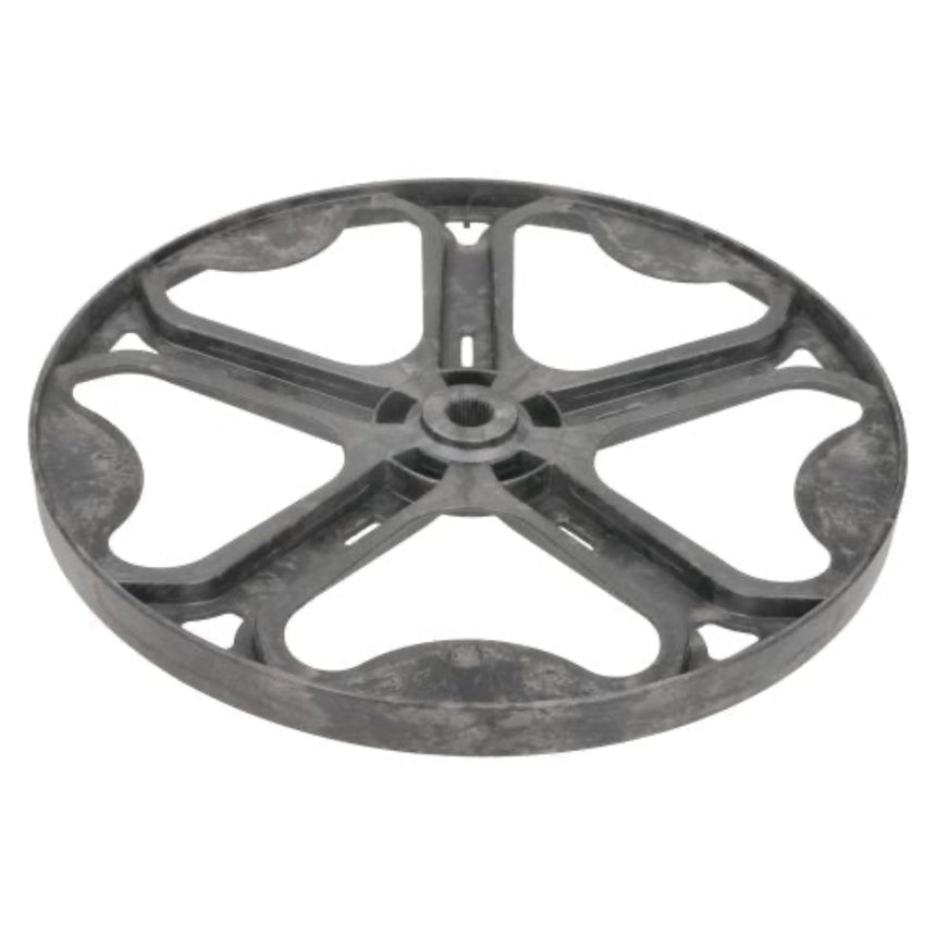 A dark gray molded plastic pulley wheel with a five-spoke design, isolated on a white background.