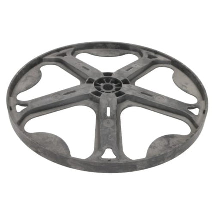 A dark gray circular plastic wheel or spool frame with a five-spoke design, isolated on a white background.