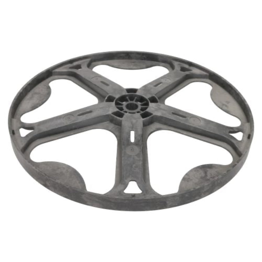 A dark gray circular plastic wheel or spool frame with a five-spoke design, isolated on a white background.