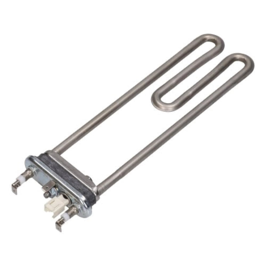 A stainless steel electric heating element coil with two metal terminals on a white background.