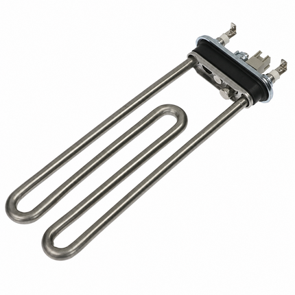 A stainless steel U-shaped heating element with a black insulator and silver metal terminal ends, shown on a plain white background.