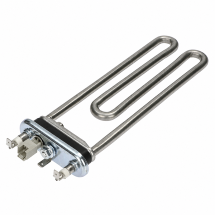 A stainless steel electric heating element coil with a silver metal base and three electrical terminals, shown on a solid white background.