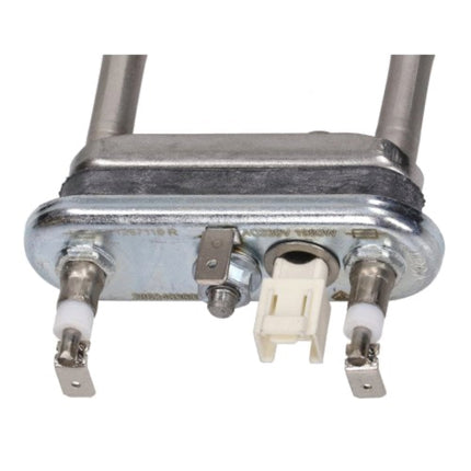 A metal electrical component with two vertical metal rods, two terminal posts with white insulators, a central screw, and a white plastic connector, shown on a plain white background.