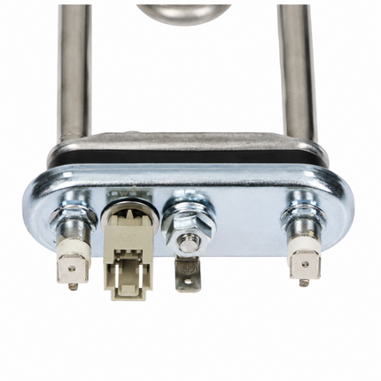A close-up of a metal electrical component with three terminal connectors on a plain white background.