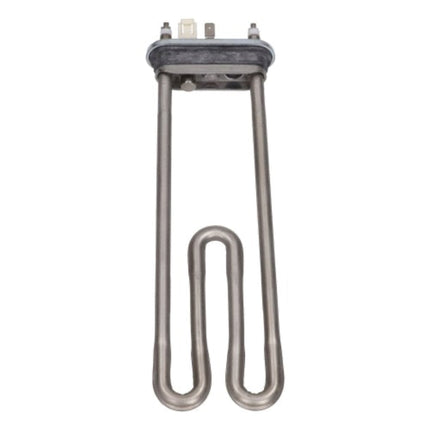 A stainless steel U-shaped heating element coil with a dark metal terminal cap and two small white plastic components at the top, isolated on a white background.