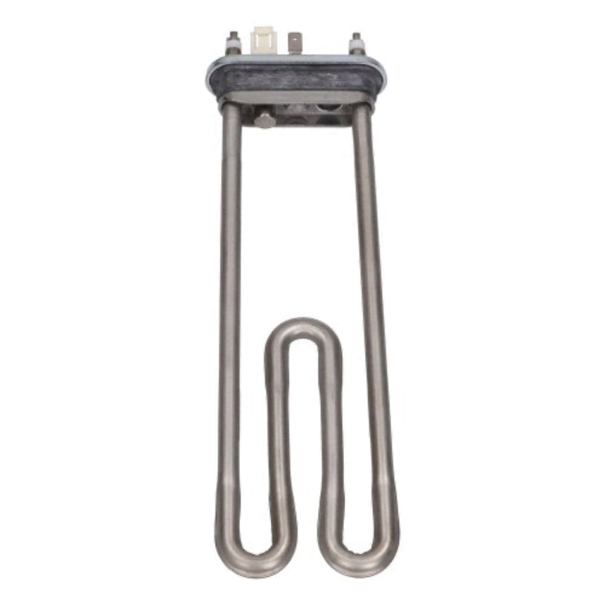 A stainless steel U-shaped heating element coil with a dark metal terminal cap and two small white plastic components at the top, isolated on a white background.