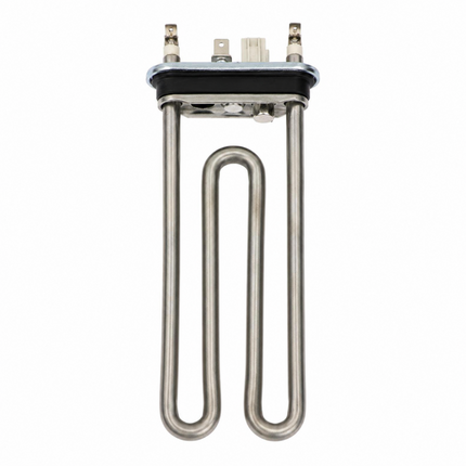 A stainless steel U-shaped water heater replacement coil with a black plastic insulator cap and metal terminal posts on top, isolated on a white background.
