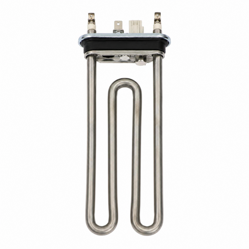 A stainless steel U-shaped water heater replacement coil with a black plastic insulator cap and metal terminal posts on top, isolated on a white background.