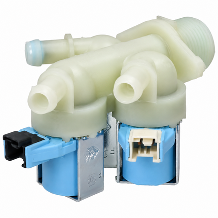 A plastic water inlet valve assembly with light blue solenoid coils, silver metal brackets, and a black connector, isolated on a white background.