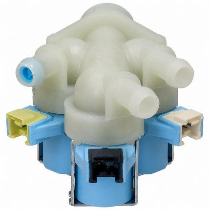 A plastic water pump pulley assembly with a translucent off-white upper section, light blue lower section and side brackets, a yellow lock tab, and a black electrical connector, isolated on a white background.