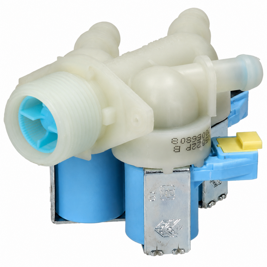 Angled view of washing machine water inlet valve assembly with threaded inlet, blue solenoid coils and hose outlets