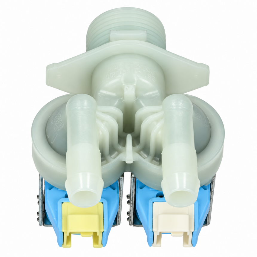 A plastic dual-port faucet aerator or shower valve conversion fitting with translucent white plastic upper body and two translucent white tubes, attached to blue metal bases with yellow and white connector caps, on a white background.