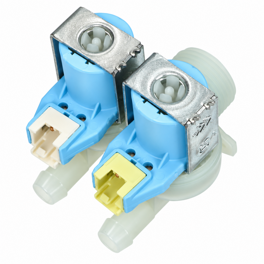 Two blue and silver water supply valves with white plastic connectors, shown on a clean white background.