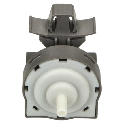 A replacement water pump pulley assembly with a dark gray cast metal outer ring and a white plastic inner hub and splined shaft, isolated on a white background.
