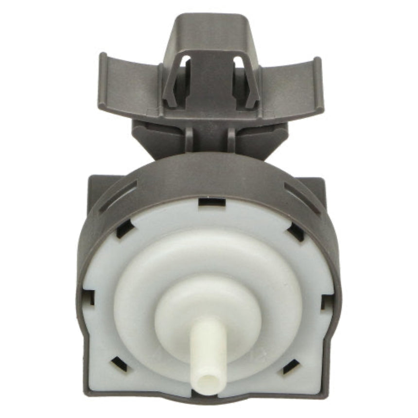 A replacement water pump pulley assembly with a dark gray cast metal outer ring and a white plastic inner hub and splined shaft, isolated on a white background.