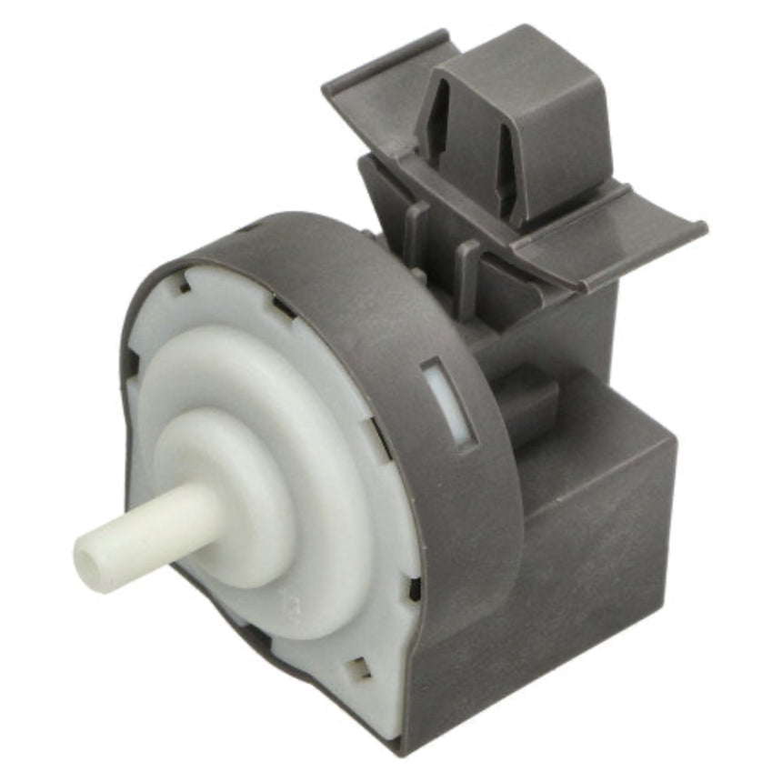 A replacement water pump motor assembly with a dark gray plastic body, white plastic impeller, and a white outlet tube, shown on a plain white background.
