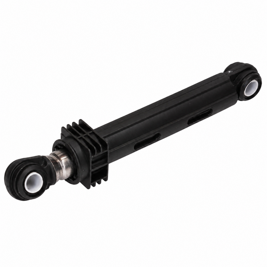 A black metal ball joint suspension arm with a ribbed protective cover and silver metal bushings, shown on a plain white background.