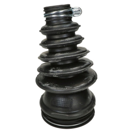 A black rubber vehicle suspension coilover or shock absorber with a silver metal clamp at the top, isolated on a white background.