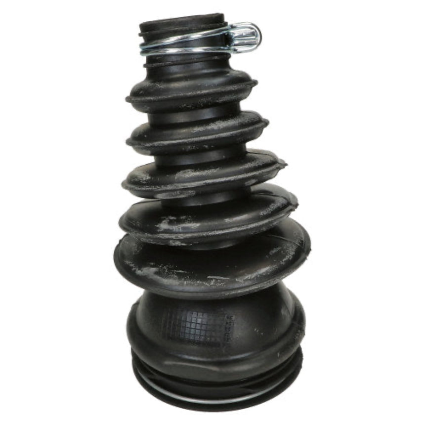 A black rubber vehicle suspension coilover or shock absorber with a silver metal clamp at the top, isolated on a white background.