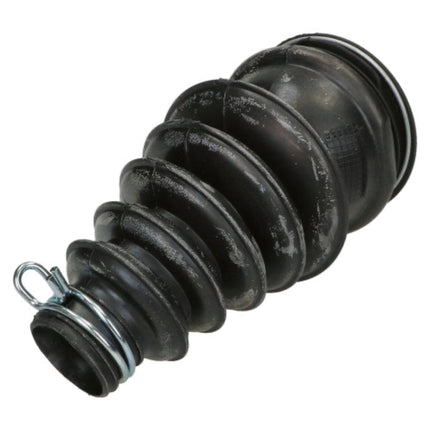 A black rubber vehicle suspension bellows or CV joint boot with a silver metal clamp, isolated on a white background.