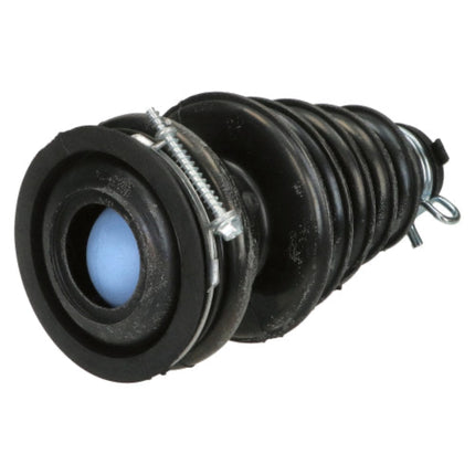 A black rubber air suspension shock absorber with a corrugated spring, a silver metal clamp with a screw, and a blue filter element visible at the front opening, isolated on a white background.