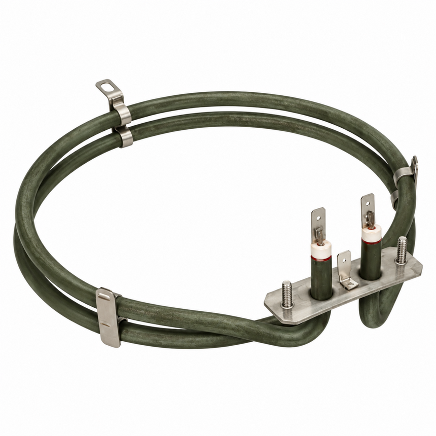 A double-heater coil replacement for a clothes dryer, featuring dark olive green insulated heating elements and silver metal terminal hardware, shown on a plain white background.