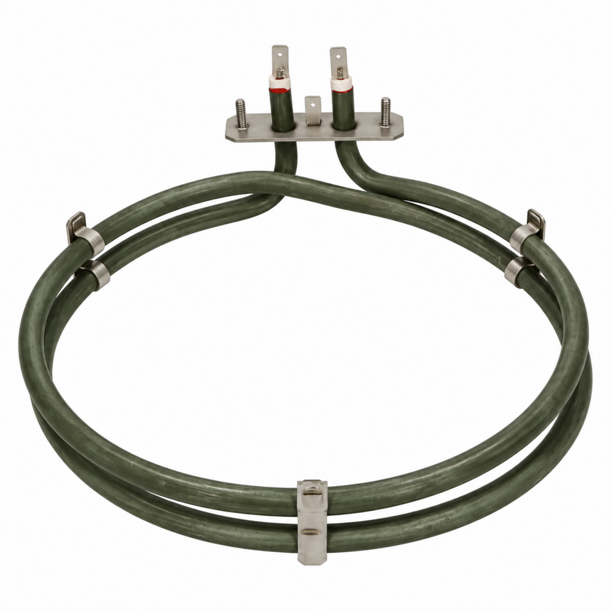 A double-heater coil replacement for a clothes dryer, featuring a dark green insulated coil with metal terminal clips and a silver metal mounting plate.