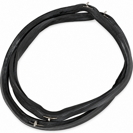 Coiled black cable on a white background