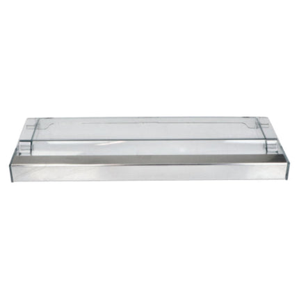 Rectangular glass shelf with metallic base on a white background