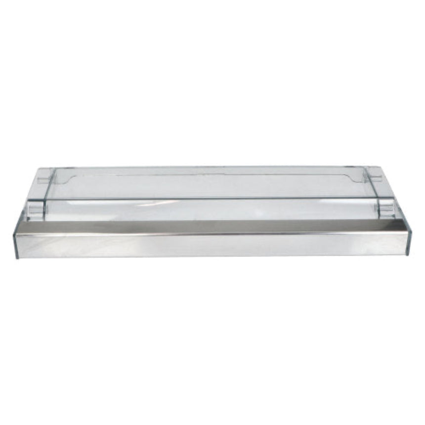 Rectangular glass shelf with metallic base on a white background