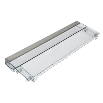 Rectangular glass shelf with metallic frame on a white background