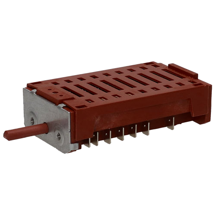 Rear view of oven selector switch showing red/brown housing, control shaft and connector terminals
