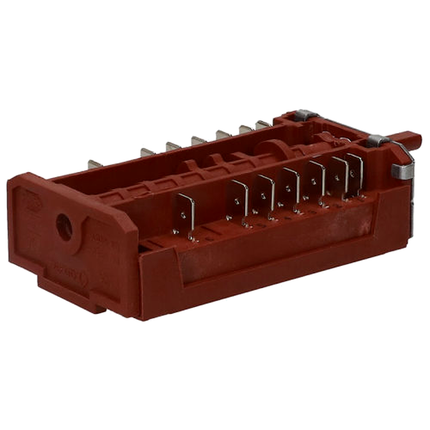 Angled view of red/brown oven selector switch with metal side plate and multiple electrical connection tabs