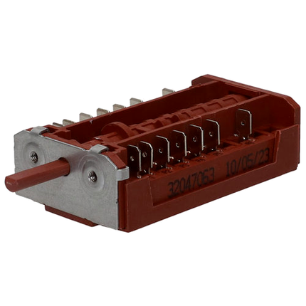 Oven selector switch with red/brown plastic housing, metal mounting plate and multiple electrical terminals on a white background