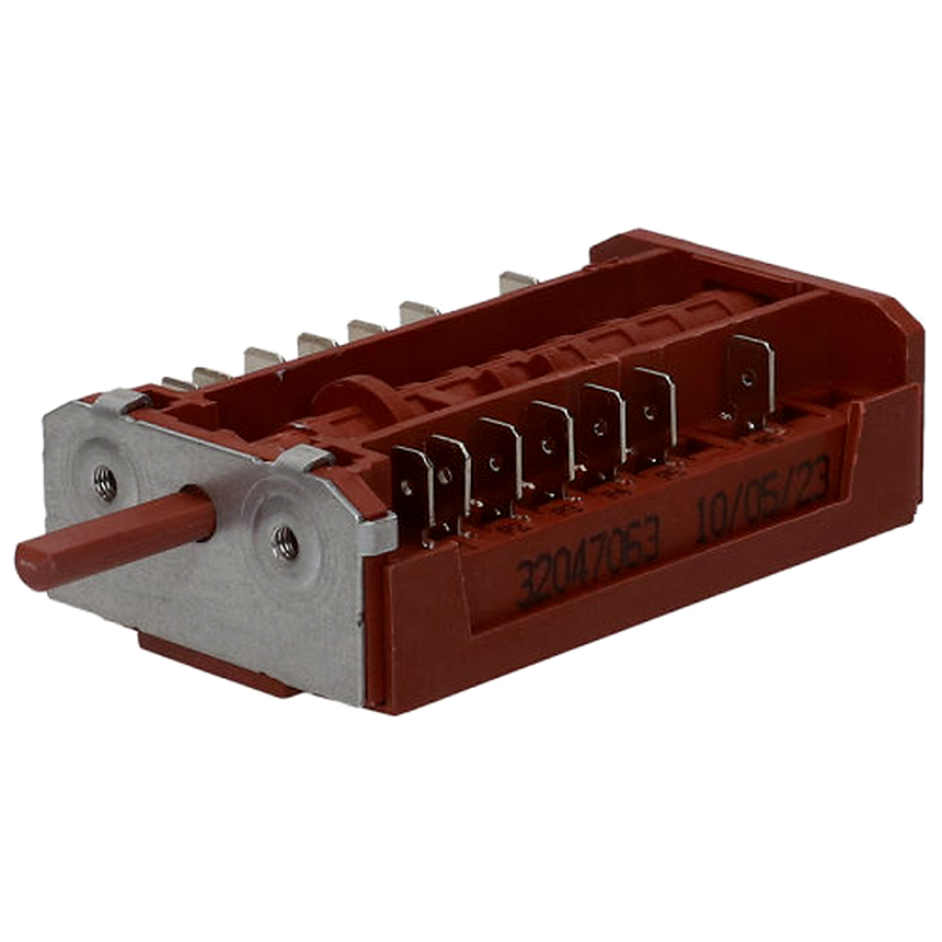 Oven selector switch with red/brown plastic housing, metal mounting plate and multiple electrical terminals on a white background