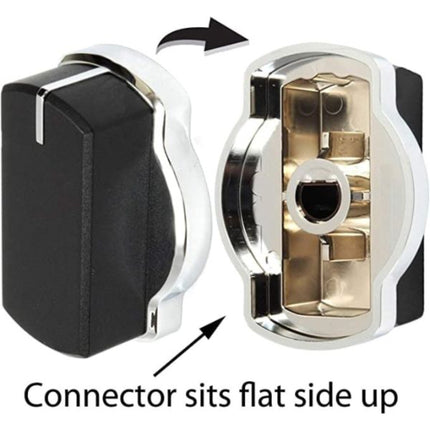 Electrical connector with flat side up on a white background