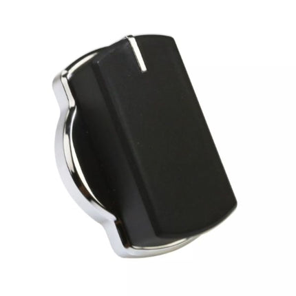 Black and chrome knob on a white background